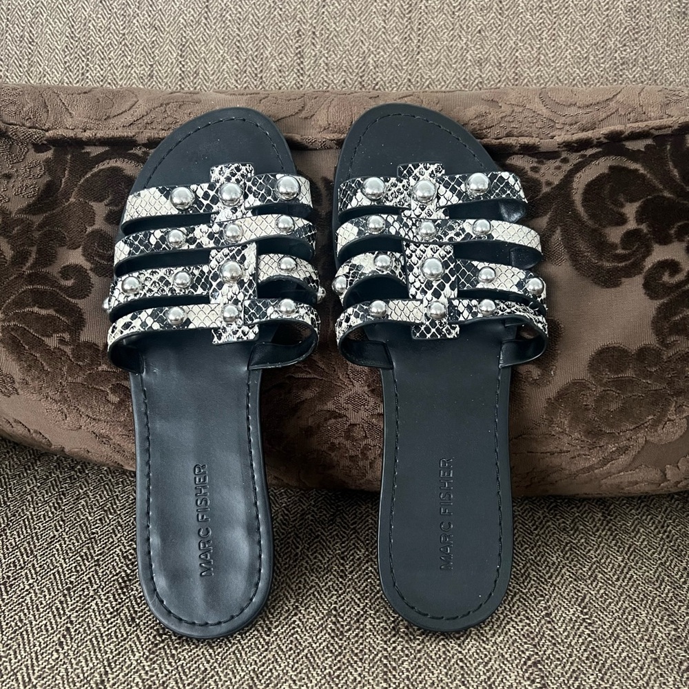 Marc Fisher Black and Beige Embellished Sandals Size 8